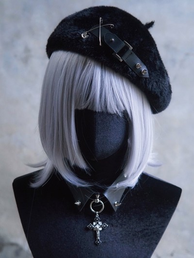 Black Gothic Plush Leather Buckle Cross Pin Beret