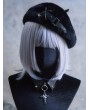 Black Gothic Plush Leather Buckle Cross Pin Beret