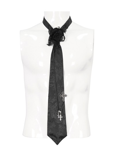 Devil Fashion Black Gothic Vintage Rose Cross Necktie for Men