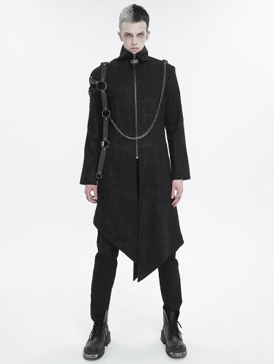 Devil Fashion Black Gothic Punk Zipper Chain Asymmetric Coat for Men