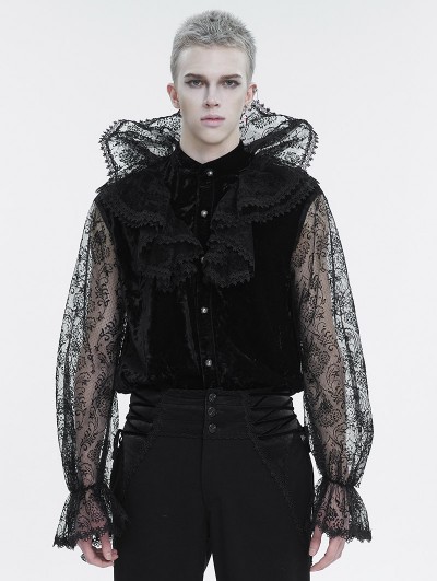 Devil Fashion Black Retro Gothic Gorgeous Lace See-Through Long Sleeve Shirt for Men