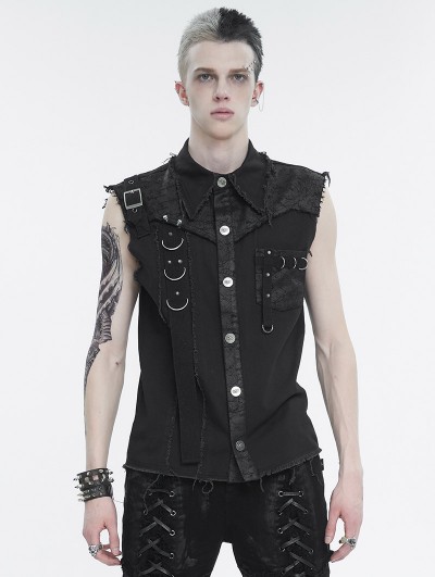 Devil Fashion Beige Gothic Punk Button Front Sleeveless Shirt for Men