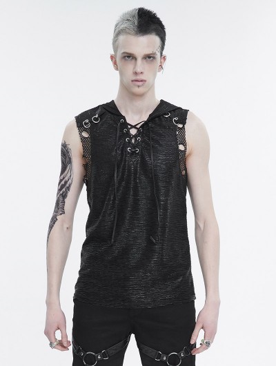 Devil Fashion Black Gothic Punk Sleeveless Hooded T-Shirt for Men