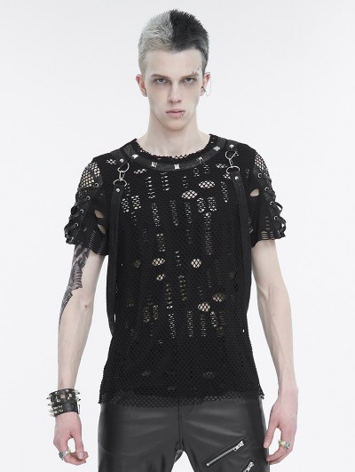 Devil Fashion Black Gothic Punk Mesh T-shirt with Detachable Straps for Men