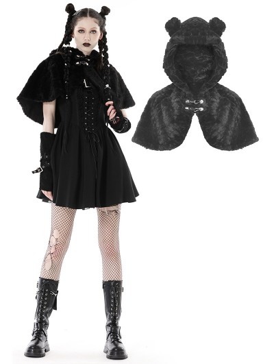 Dark in Love Black Gothic Bear Ear Gothic Lolita Hooded Short Cape for Women