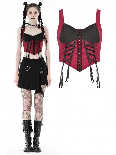 Dark in Love Black and Red Gothic Doll Overbust Wide Strap Corset Top for Women