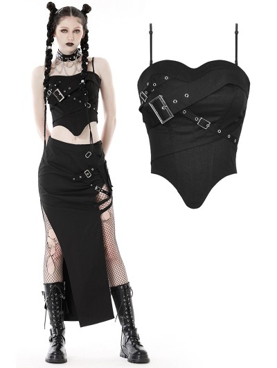 Dark in Love Black Gothic Punk Metal Buckle Strap Crop Corset Top for Women