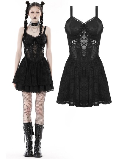 Dark in Love Black Gothic Spider Web Mesh Sexy See-Through Strap Short Dress