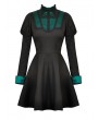 Dark in Love Black and Green Gothic Long Sleeve Short Pleated Tail Dress
