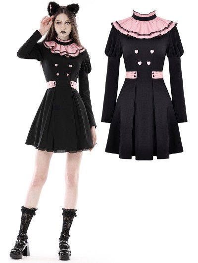 Dark in Love Black and Pink Ruffle Neck Gothic Lolita Heart Short Dress