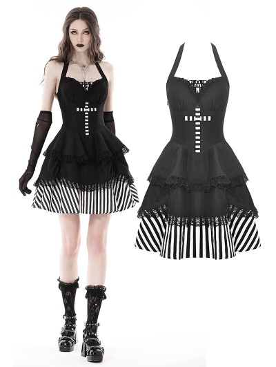 Dark in Love Black Gothic Striped Big Cross Halter Short Party Dress
