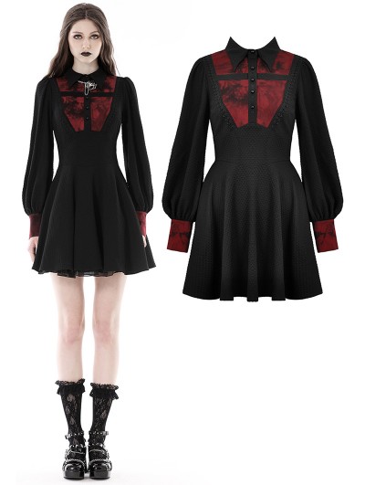 Dark in Love Black and Blood Dyed Gothic Cross Long Sleeve Short Dress