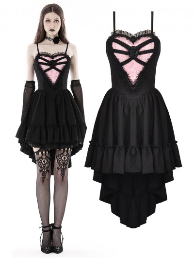 Dark in Love Black Gothic Girl Pink Rose Heart High-Low Dress