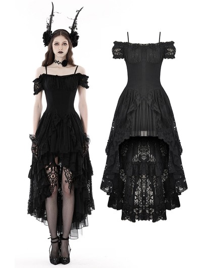 Dark in Love Black Gothic Elegant Lady Lace Dovetail Party Dress