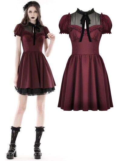 Dark in Love Wine Red Gothic Ruffle Mesh Neckline Short Doll Dress