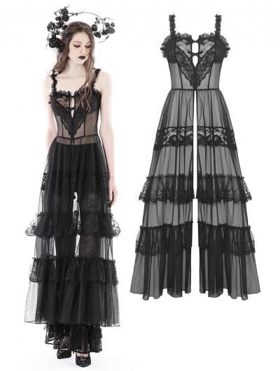 Dark in Love Black Gothic Sexy Transparent Hearted Layer Lace Mesh Maxi Dress