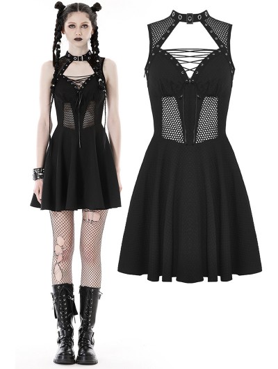 Dark in Love Black Gothic Rebel Girl Sexy Hollow Out Mesh Sleeveless Short Dress