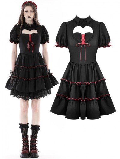 Dark in Love Black Heart Hollow Out Red Lace Up Cute Gothic Short Dress