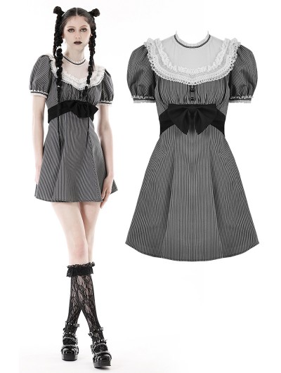 Dark in Love Black and White Stripe Cute Gothic Short Puff Sleeve Dress