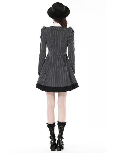Dark in Love Black and White Stripe Gothic Preppy Style Long Sleeve Short  Dress - DarkinCloset.com