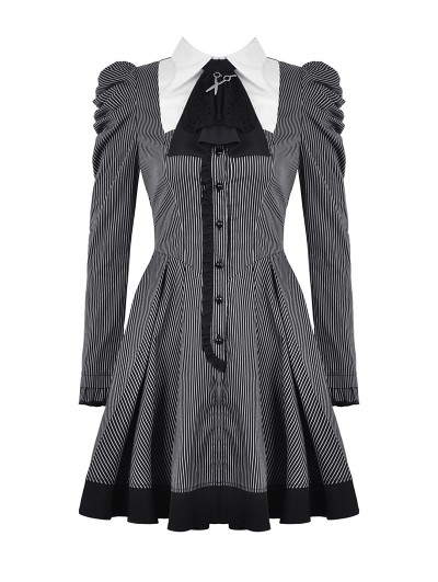 Dark in Love Black and White Stripe Gothic Preppy Style Long Sleeve Short  Dress - DarkinCloset.com