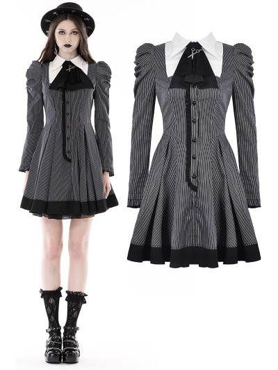 Dark in Love Black and White Stripe Gothic Preppy Style Long Sleeve Short Dress