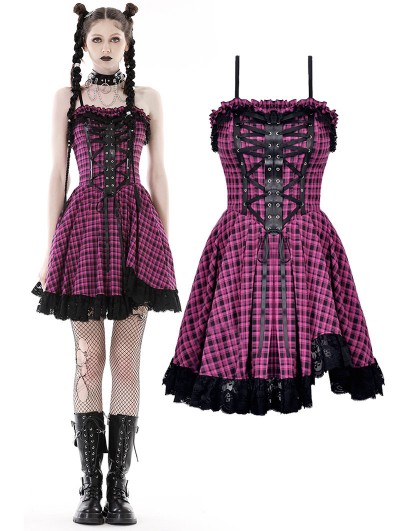 Dark in Love Pink Plaid Gothic Rebel Sweet Cool Strappy Short Dress