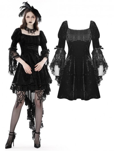 Dark in Love Black Gothic Princess Bell Lace Sleeves Velvet Short Dress