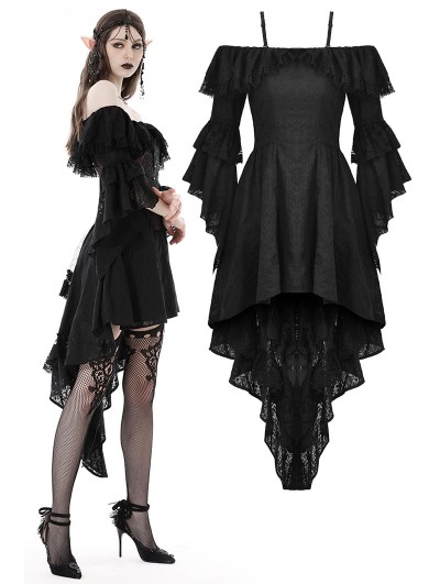 Dark in Love Black Gothic Princess Sleeves Off-the-Shoulder High-Low Dress