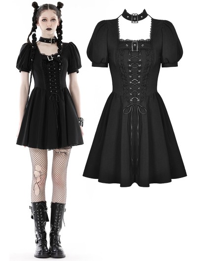 Dark in Love Black Gothic Punk Rock Lace Up Short Puff Sleeve Dress