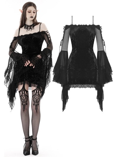Dark in Love Black Gothic Off-Shoulder Long Trumpet Sleeve Velvet Short Dress