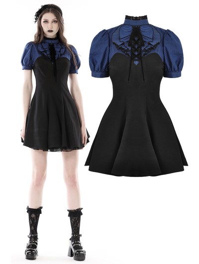 Dark in Love Blue and Black Stripe Daily Gothic Frilly Collar Short Dress