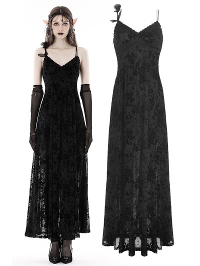 Dark in Love Black Gothic Rose Flocking Maxi Spaghetti Strap Dress