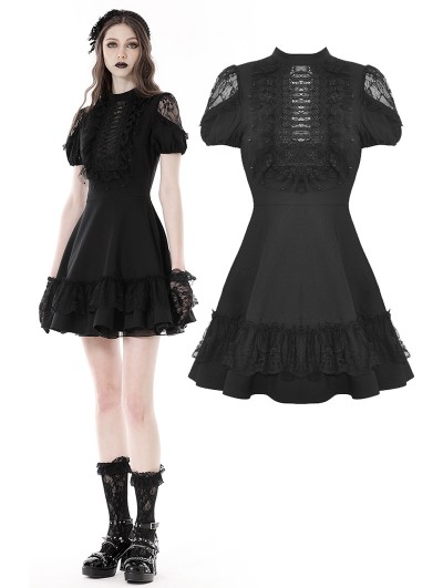 Dark in Love Black Daily Gothic Hollow Out Lace Ruffle Short Dress