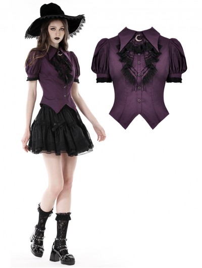 Dark in Love Purple and Black Gothic Frilly Collar Short Sleeve Blouse for Women