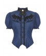 Dark in Love Blue and Black Gothic Stripe Frilly Collar Short Sleeve Blouse for Women