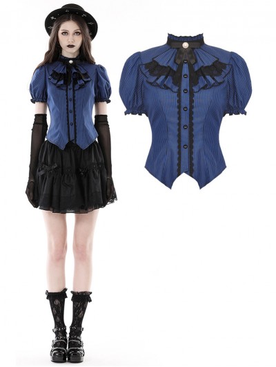 Dark in Love Blue and Black Gothic Stripe Frilly Collar Short Sleeve Blouse for Women