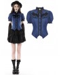 Dark in Love Blue and Black Gothic Stripe Frilly Collar Short Sleeve Blouse for Women