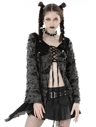Dark in Love Black and Gray Gothic Decadent Shredded Lace Up