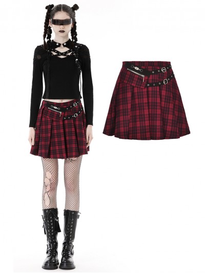 Dark in Love Red and Black Plaid Punk Gothic Grunge Pleated Mini Skirt