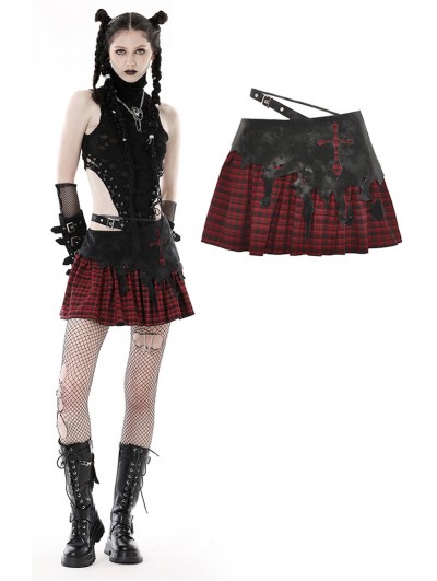 Dark in Love Black and Red Gothic Punk Plaid Cross Mini Skirt