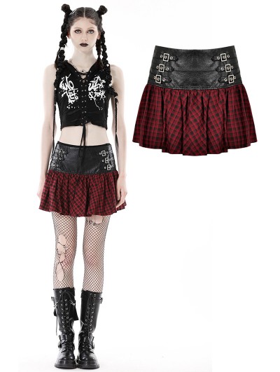 Dark in Love Red and Black Plaid Gothic Punk Grunge PU Leather Mini Skirt