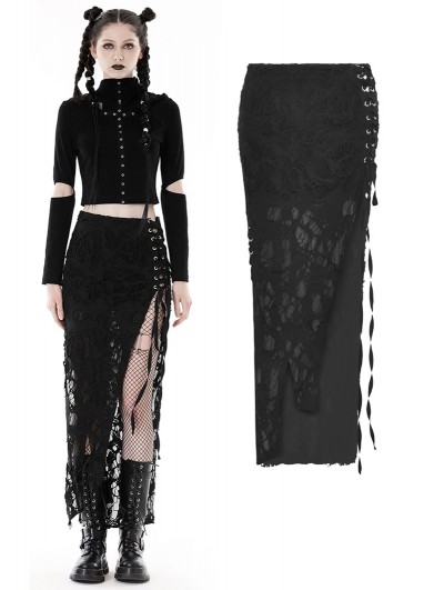 Dark in Love Black Gothic Punk Sexy High Slit Long Shredded Skirt