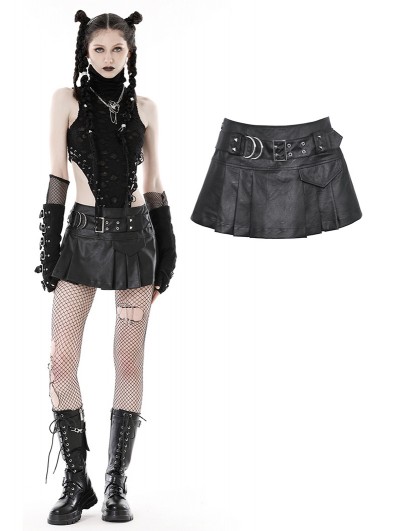 Dark in Love Black Gothic Punk PU Asymmetrical Pleated Mini Skirt