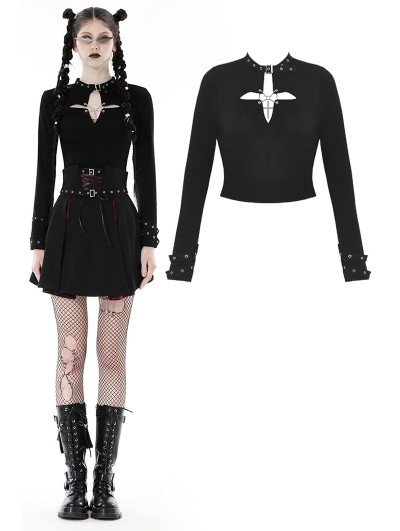 Dark in Love Black Gothic Punk Cutout Chain Cross Short T-Shirt for Women