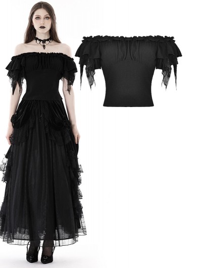 Dark in Love Black Gothic Lady Off-the-Shoulder Ruffle Sleeves Top for Women