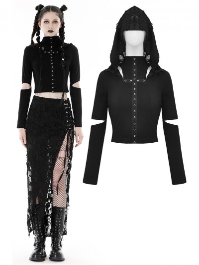 Dark in Love Black Gothic Punk Metal Eyelet Cross Hooded T-Shirt for Women