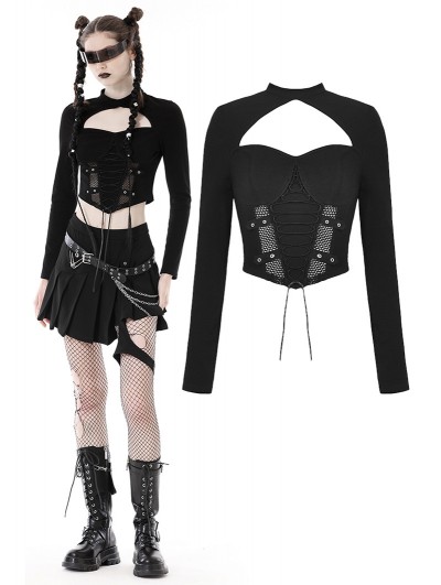 Dark in Love Black Gothic Punk Sexy Long Sleeve Short T-Shirt for Women