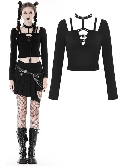 Dark in Love Black Gothic Punk Metal Eyelet Long Sleeve Short T-Shirt for Women