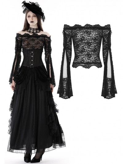 Dark in Love Black Gothic Sexy Lace Off-the-Shoulder Long Sleeve T-Shirt for Women